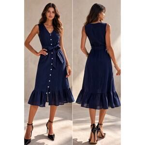 Nanette Lepore Navy Blue Button Front Midi Dress Size 2 Belted Ruffle Hem